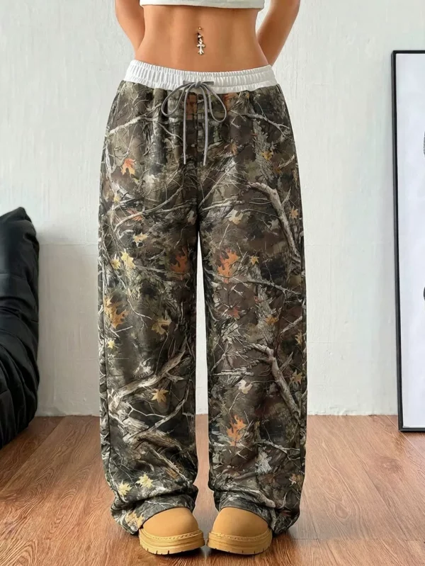 American fashion retro tree branch camouflage long pants women's high waisted drawstring casual pants