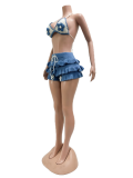Beach shorts with exposed navel, knitted with hand hook and ruffle edge strap, sand casual suit