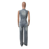 High-waisted slim-fit stretch elastic wash denim overalls wide-leg pants