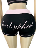 Letter print hooded crop top short sleeved contrasting color folding waist shorts set