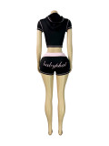 Letter print hooded crop top short sleeved contrasting color folding waist shorts set