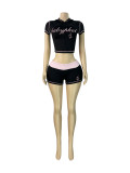 Letter print hooded crop top short sleeved contrasting color folding waist shorts set