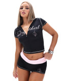 Letter print hooded crop top short sleeved contrasting color folding waist shorts set