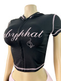 Letter print hooded crop top short sleeved contrasting color folding waist shorts set