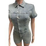 Fashionable and sexy high elasticity washed denim jumpsuit