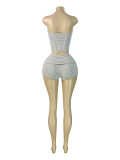 Two piece set of tight shorts with vertical stripes, strapless design, rolled edges, folded waist and head