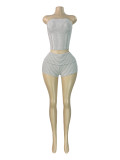 Two piece set of tight shorts with vertical stripes, strapless design, rolled edges, folded waist and head