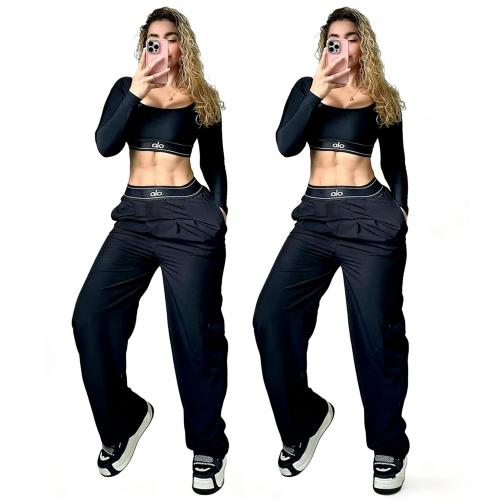 Casual Fashion European & American Low-Cut Tight Top & Pants Set with Pockets, Sexy Two-Piece Set with Lettering ALO
