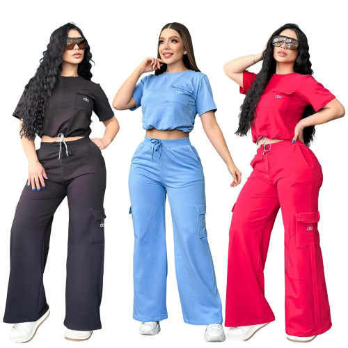 ALO Spring/Summer Trendy Embroidered Letter Hoodie Work Clothes Wide Leg Casual Sports Set Short Sleeve Pants