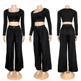 Casual Fashion European & American Low-Cut Tight Top & Pants Set with Pockets, Sexy Two-Piece Set with Lettering ALO