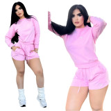 ALO summer new minimalist style casual fashion round neck long sleeved shorts set
