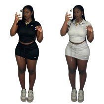 ALO Fashion Simple Collar Embroidered Slimming Short Top with Hip Lifting and Sexy Short Bag Skirt Set