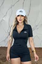  ALO slim fit deep V-zipper sexy lapel short sleeved jumpsuit
