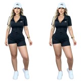  ALO slim fit deep V-zipper sexy lapel short sleeved jumpsuit