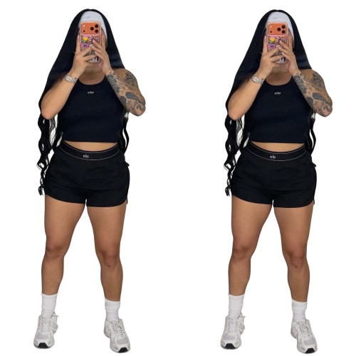 Fashion casual sports vest shorts set pocket zipper top elastic pants with letters ALO