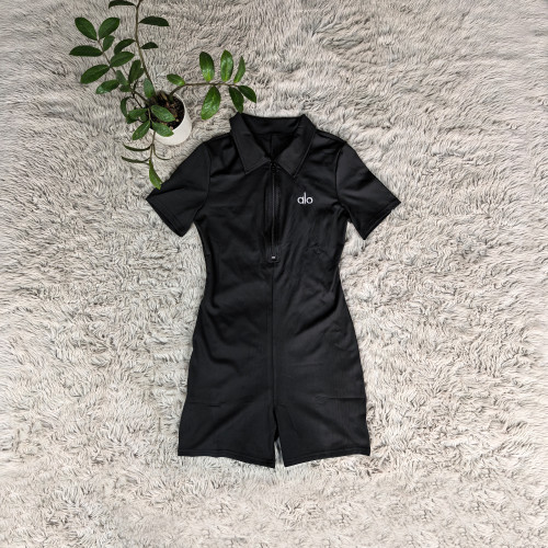  ALO slim fit deep V-zipper sexy lapel short sleeved jumpsuit