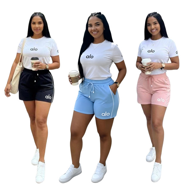 ALO round neck embroidered short sleeved shorts set, fashionable, casual and comfortable