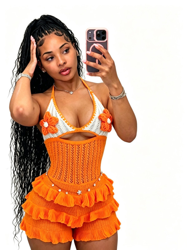 Knitted hand hooked ruffle edge hanging neck strap hollow jumpsuit