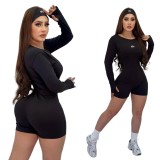 ALO fashion slim fit round neck long sleeved yoga suit with waist cinching and hip lifting jumpsuit shorts