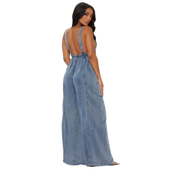 Fashion washed denim jumpsuit, wide leg overalls, jumpsuit, jumpsuit pants