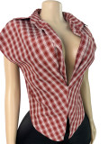 Plaid lapel deep V cinched sleeveless short top