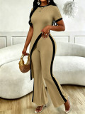 Spicy girl design with a cinched waist and contrasting colors, diagonally cut open waist top and wide leg pants set
