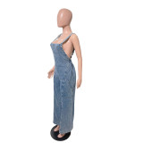 Fashion washed denim jumpsuit, wide leg overalls, jumpsuit, jumpsuit pants