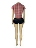 Plaid lapel deep V cinched sleeveless short top