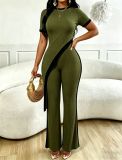 Spicy girl design with a cinched waist and contrasting colors, diagonally cut open waist top and wide leg pants set