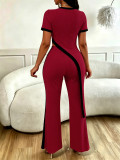 Spicy girl design with a cinched waist and contrasting colors, diagonally cut open waist top and wide leg pants set