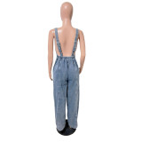 Fashion washed denim jumpsuit, wide leg overalls, jumpsuit, jumpsuit pants
