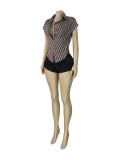 Plaid lapel deep V cinched sleeveless short top