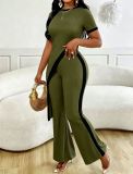 Spicy girl design with a cinched waist and contrasting colors, diagonally cut open waist top and wide leg pants set
