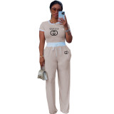 Casual street daily ribbed contrasting round neck short sleeved pants two-piece set