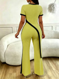 Spicy girl design with a cinched waist and contrasting colors, diagonally cut open waist top and wide leg pants set