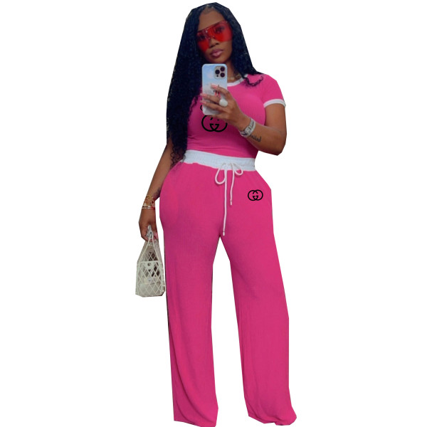 Casual street daily ribbed contrasting round neck short sleeved pants two-piece set
