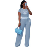 Casual street daily ribbed contrasting round neck short sleeved pants two-piece set