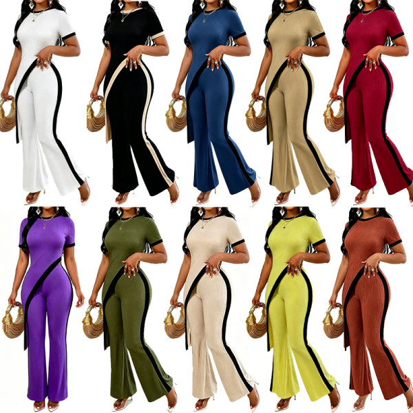 Spicy girl design with a cinched waist and contrasting colors, diagonally cut open waist top and wide leg pants set