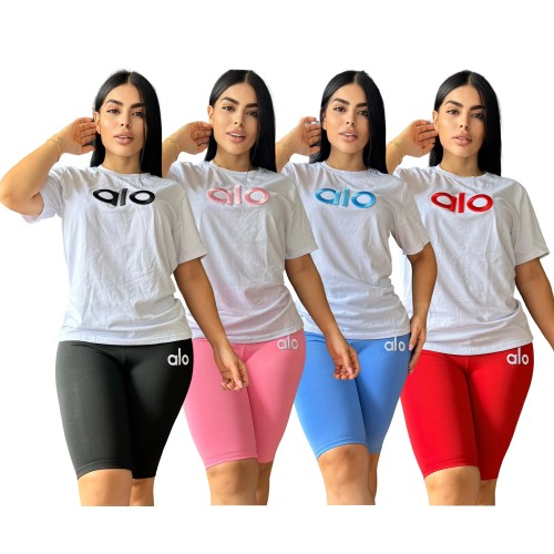 Round neck relief ALO casual short sleeved top with high elasticity and quick drying cotton yoga cropped pants set