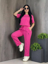 Fashion trend embroidery letter AL0 casual sports simple short sleeved wide leg pants set