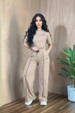 Fashion trend embroidery letter AL0 casual sports simple short sleeved wide leg pants set