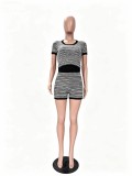 European and American women's new casual knitted fine stripe shorts set