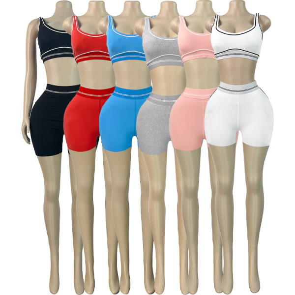 European and American fashion women's contrasting lines sports vest yoga tight casual shorts two-piece set