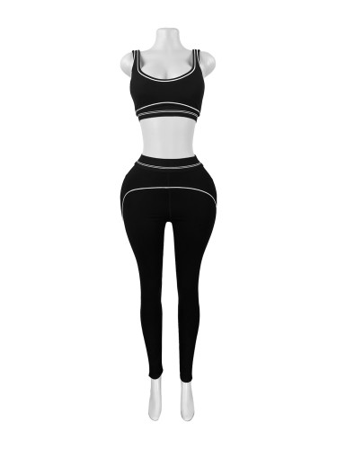 European and American fashion women's contrasting lines sports vest yoga tight casual pants two-piece set