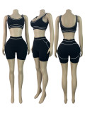 European and American fashion women's contrasting lines sports vest yoga tight casual shorts two-piece set