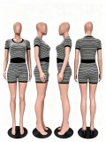 European and American women's new casual knitted fine stripe shorts set