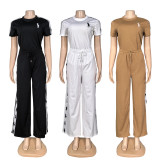 Trendy round neck embroidered logo casual and comfortable short sleeved pants wide leg set