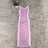 Fashionable embroidered waist cinching slimming slit knitted European and American sleeveless dress