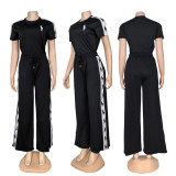 Trendy round neck embroidered logo casual and comfortable short sleeved pants wide leg set
