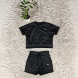 ALO Soft and Comfortable Casual Round Neck Short Sleeve Top with Pocket Tie Rope Shorts Solid Color Set